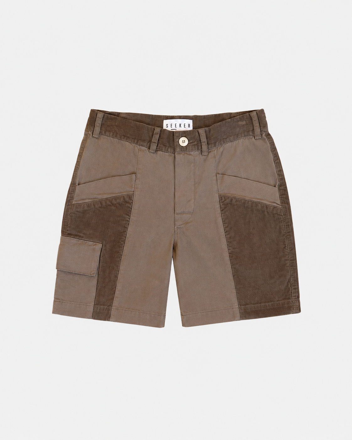 Front product view of brown Trek Shorts with dark tonal panels and a buttoned cargo pocket.