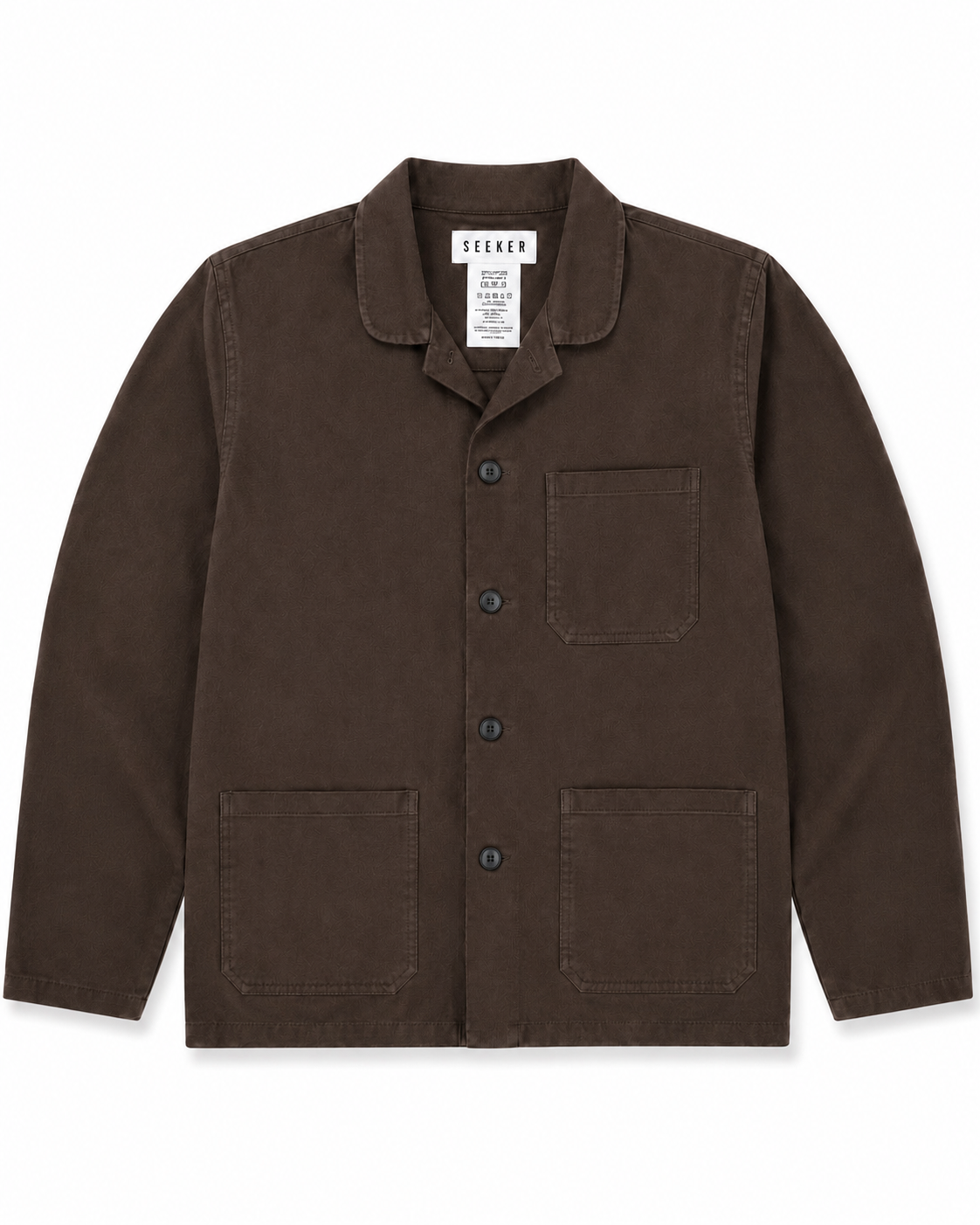 Front product view of the dark brown Travelers Jacket with three patch pockets.