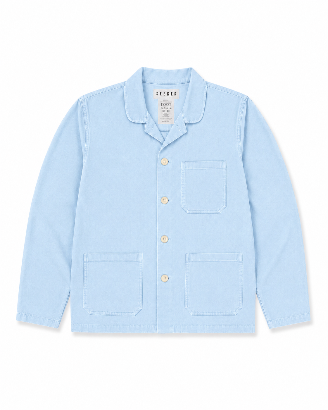 Front product view of the pale blue Travelers Jacket with three patch pockets.