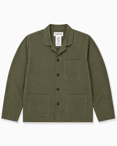 Front product view of the olive-green Travelers Jacket with three patch pockets.
