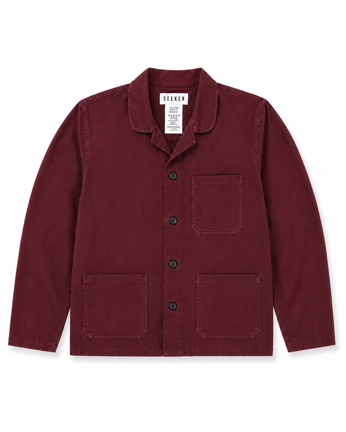 Front product view of the burgundy Travelers Jacket with three patch pockets.