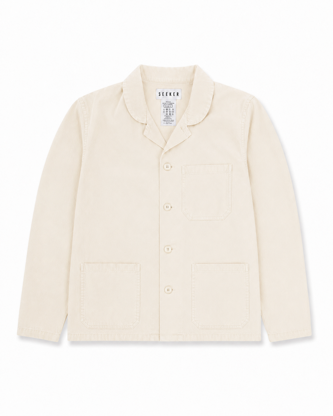 Front product view of the cream Travelers Jacket with a button front, chest pocket, and two lower patch pockets.