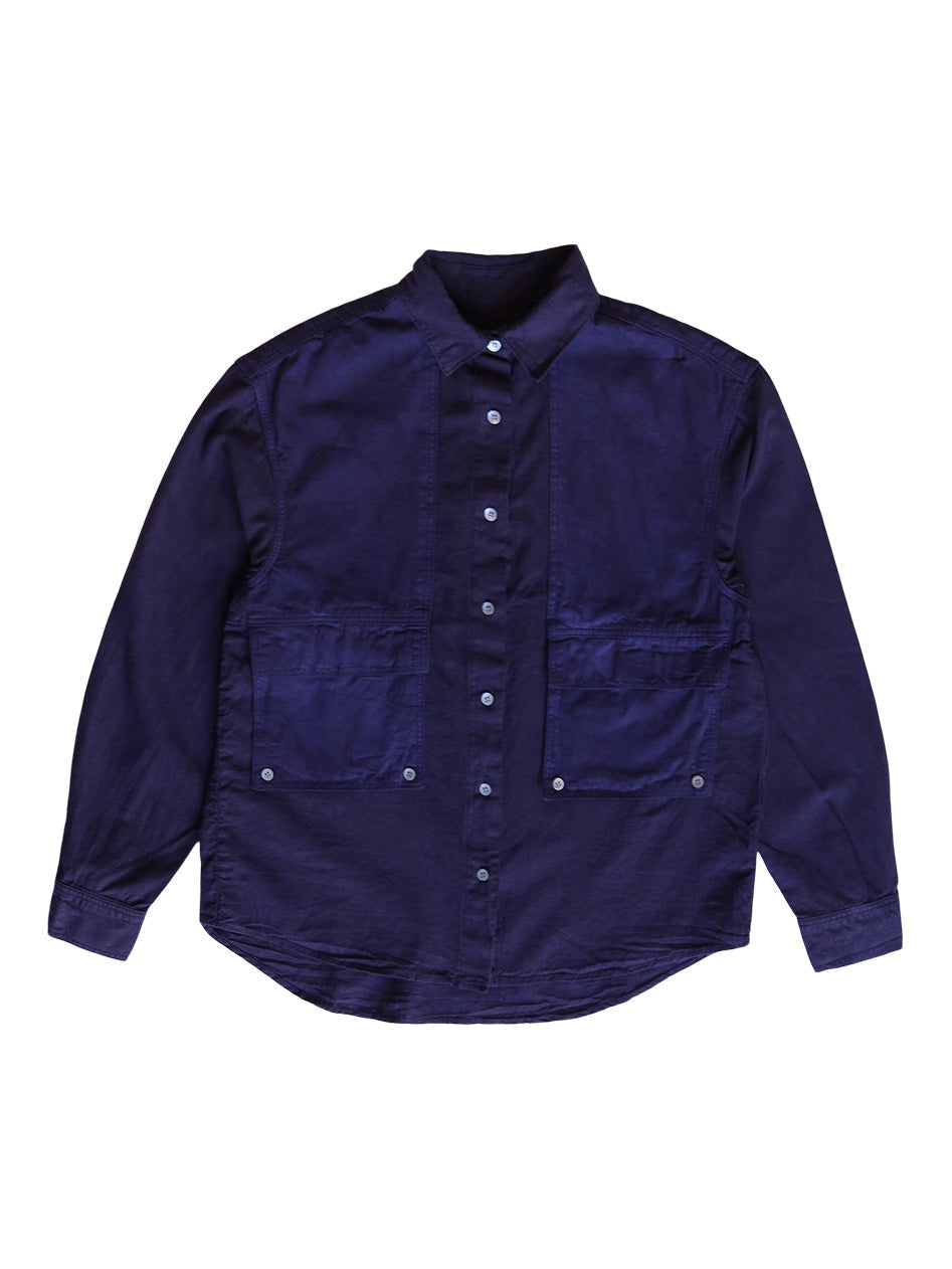 Front product view of the deep navy Trek Shirt with four utility pockets.