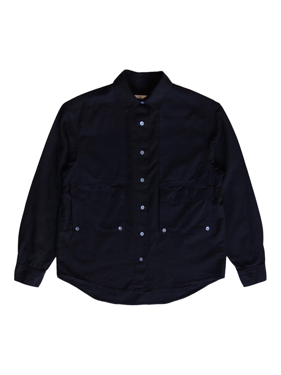 Front product view of the black Trek Shirt with long sleeves and four utility pockets.