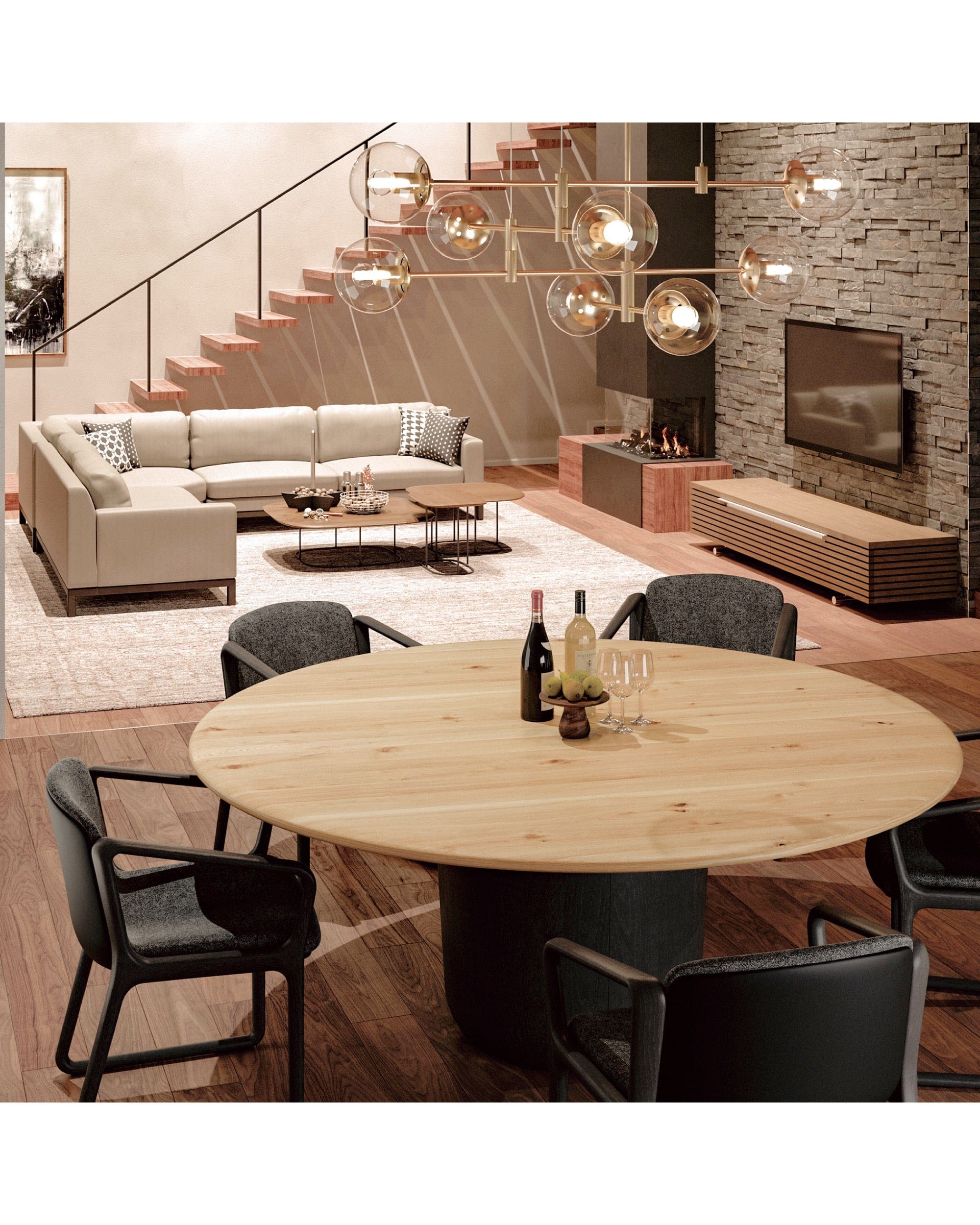 Japandi-style dining room featuring round Japanese oak dining table by CondeHouse