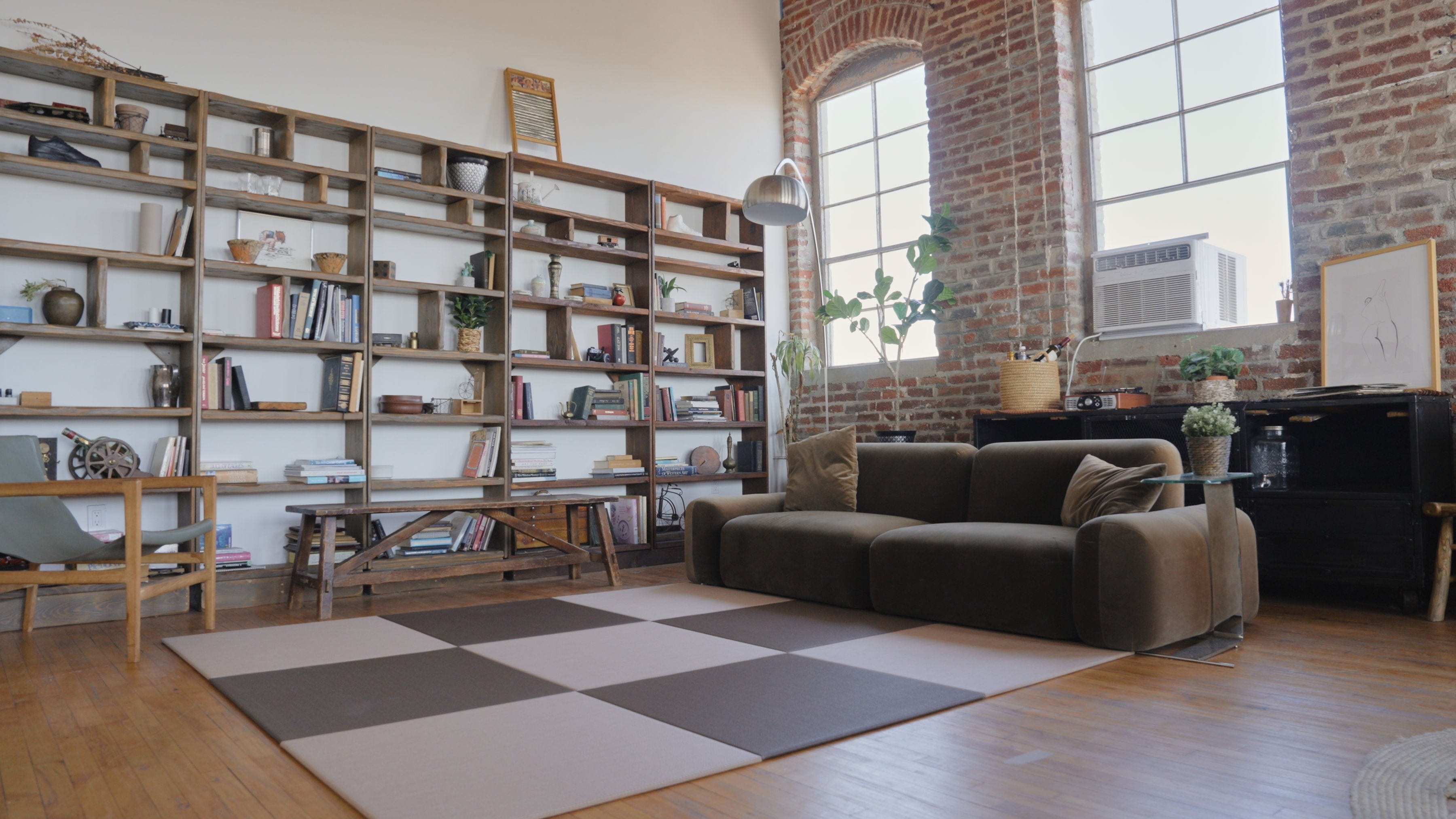 Japandi Tatami Mats in a loft space creating a  rug alternative