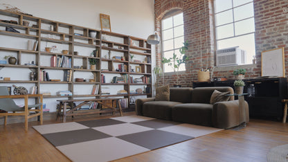 Japandi Tatami Mats in a loft space creating a  rug alternative shown DARk and BROWN
