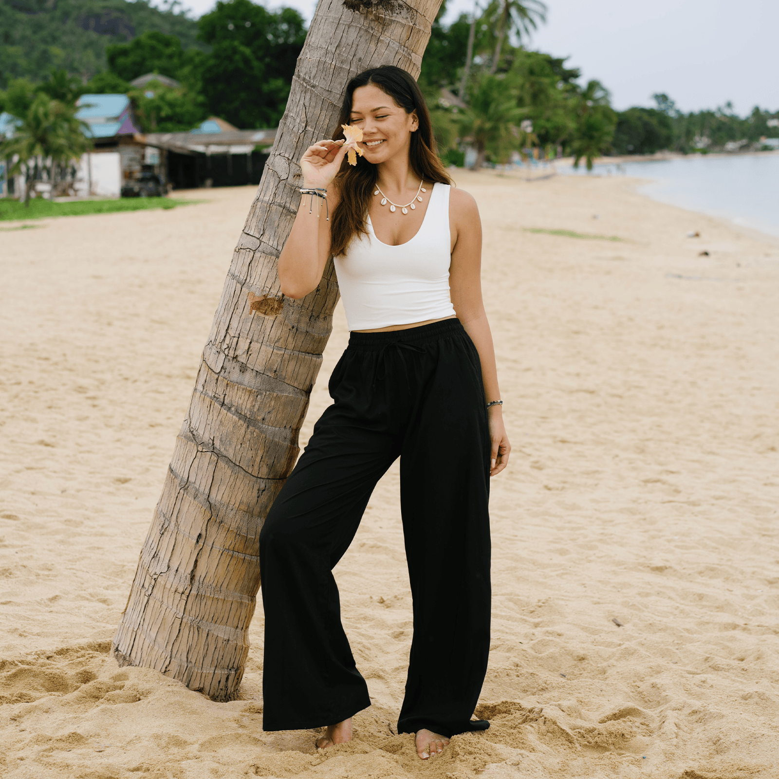 Japandi relaxed fit wide leg pants with adjustable waist