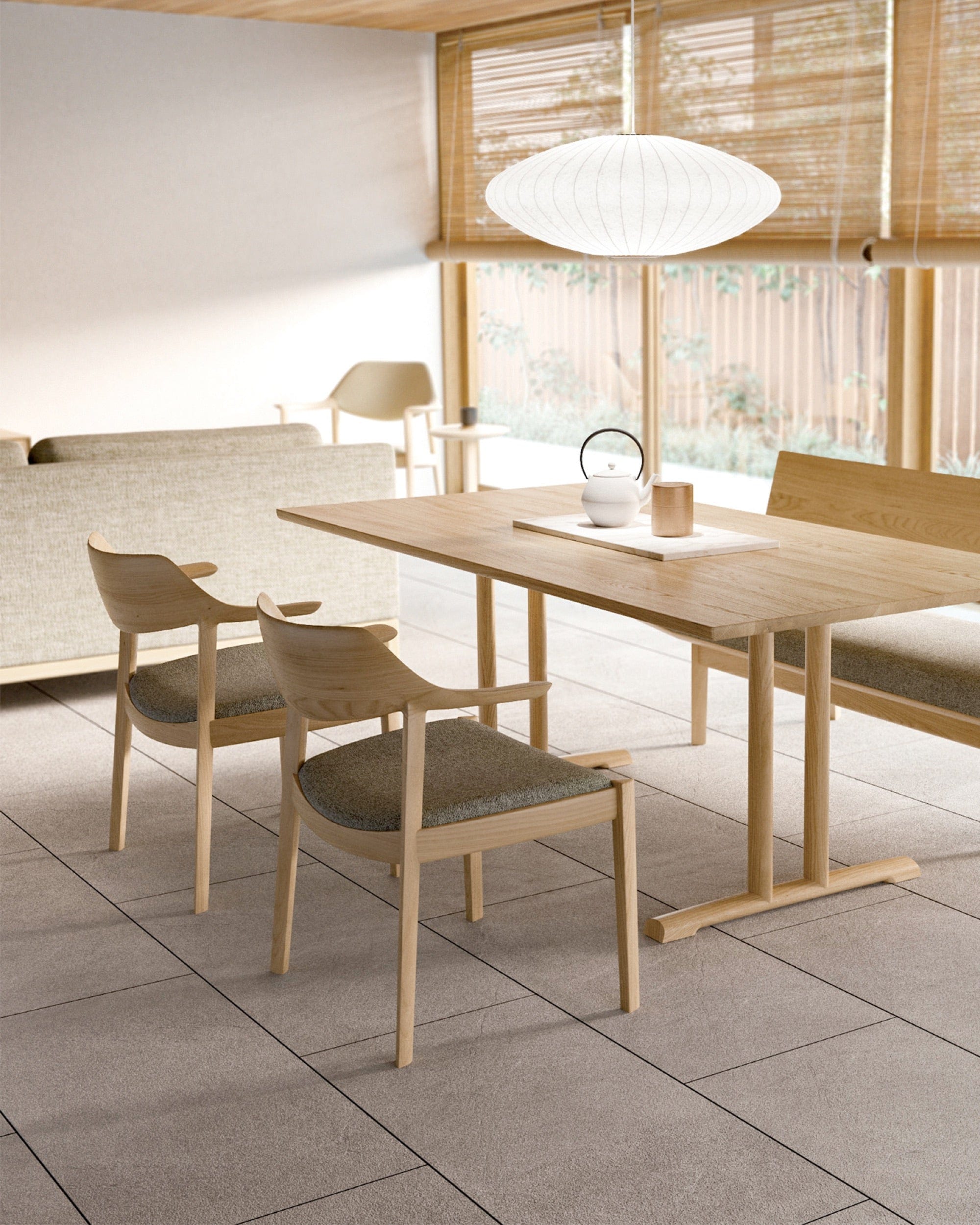 Japanese WING Armchairs by CondeHouse surrounding handcrafted wood dining table