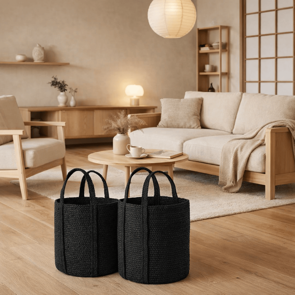Jute Basket With Handle - Black (Set of 2) rendered in a Japandi Living Space