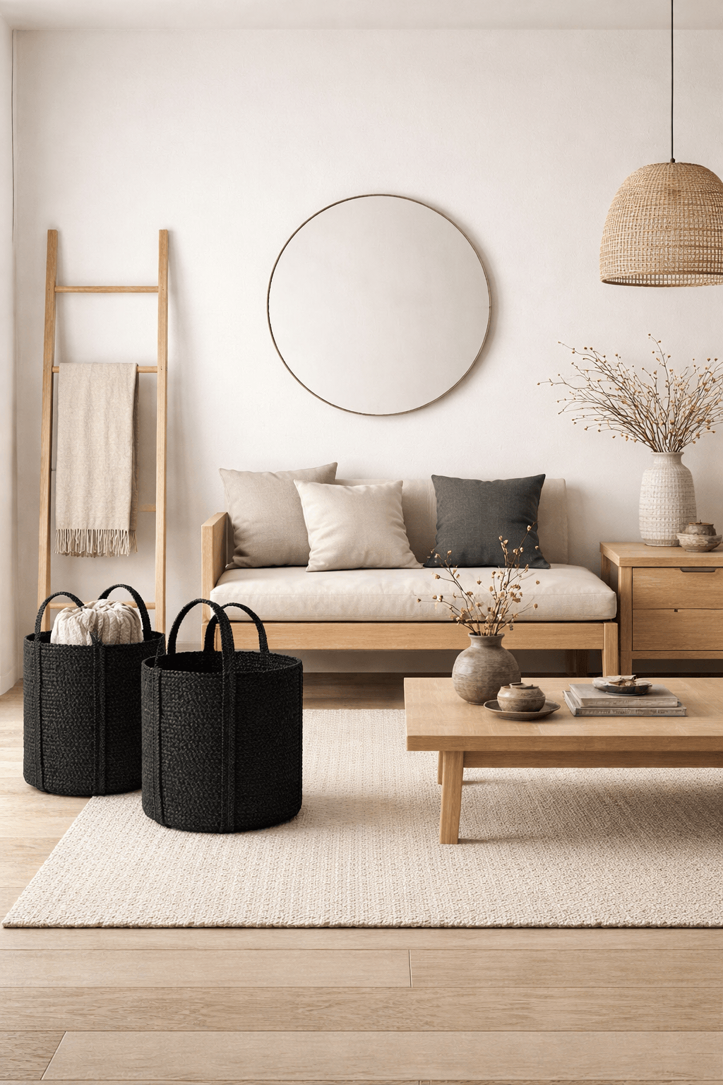 Jute Basket With Handle - Black (Set of 2) rendered in a Japandi Living Space