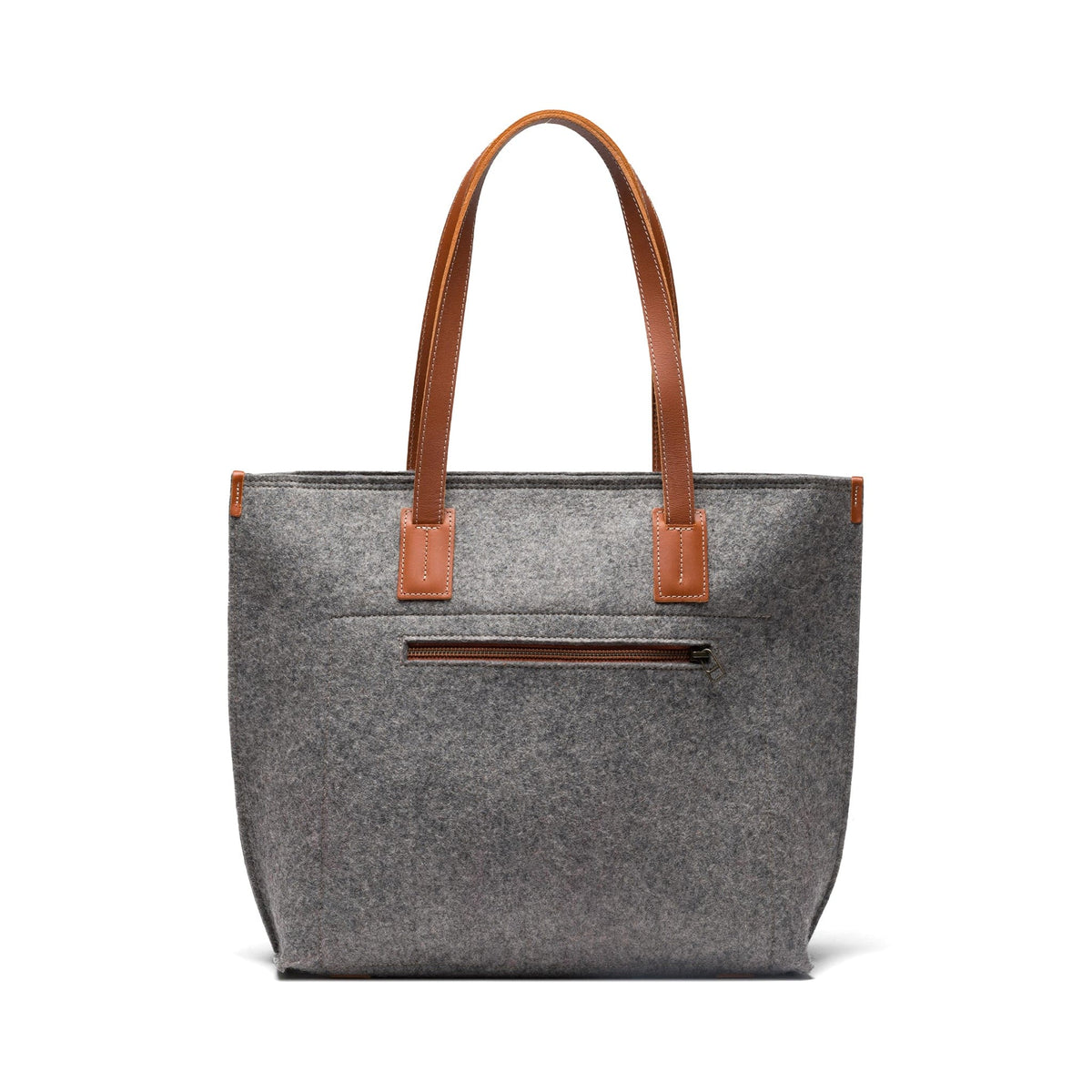 Kyrgies Handmade Wool Tote, grey wool felt, front view with leather handles