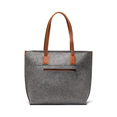 Kyrgies Handmade Wool Tote, grey wool felt, front view with leather handles