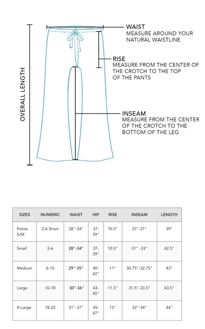 Lotus and Luna Pant Sizing Chart