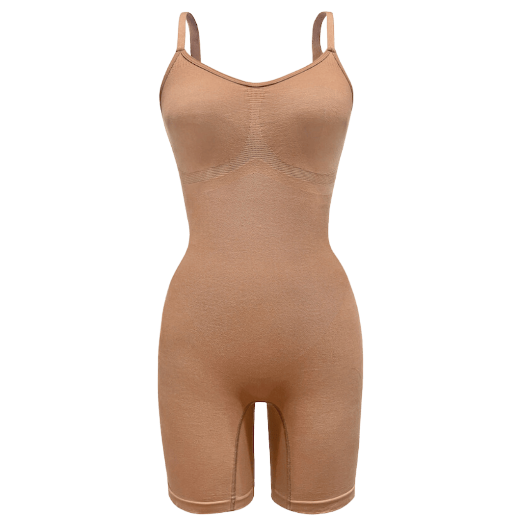 PROCLAIM Mid-Thigh Shapewear Bodysuit in Ada Nude, a light beige-tone color, flat lay front view