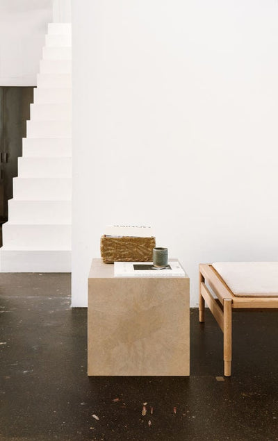 Mater Cube side tables in Coffee Waste Light displayed as sculptural accents
