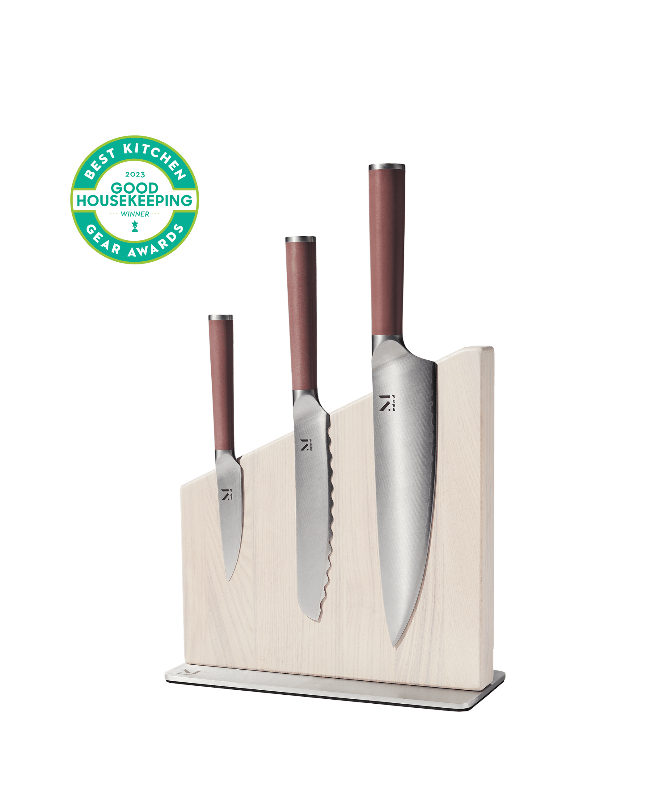 Material knife set with magnetic knife block in light wood finish