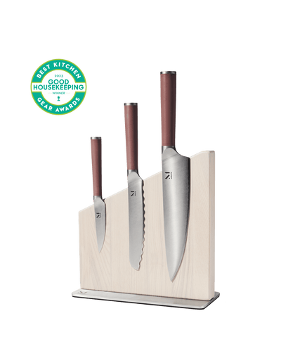 Material knife set with magnetic knife block in light wood finish