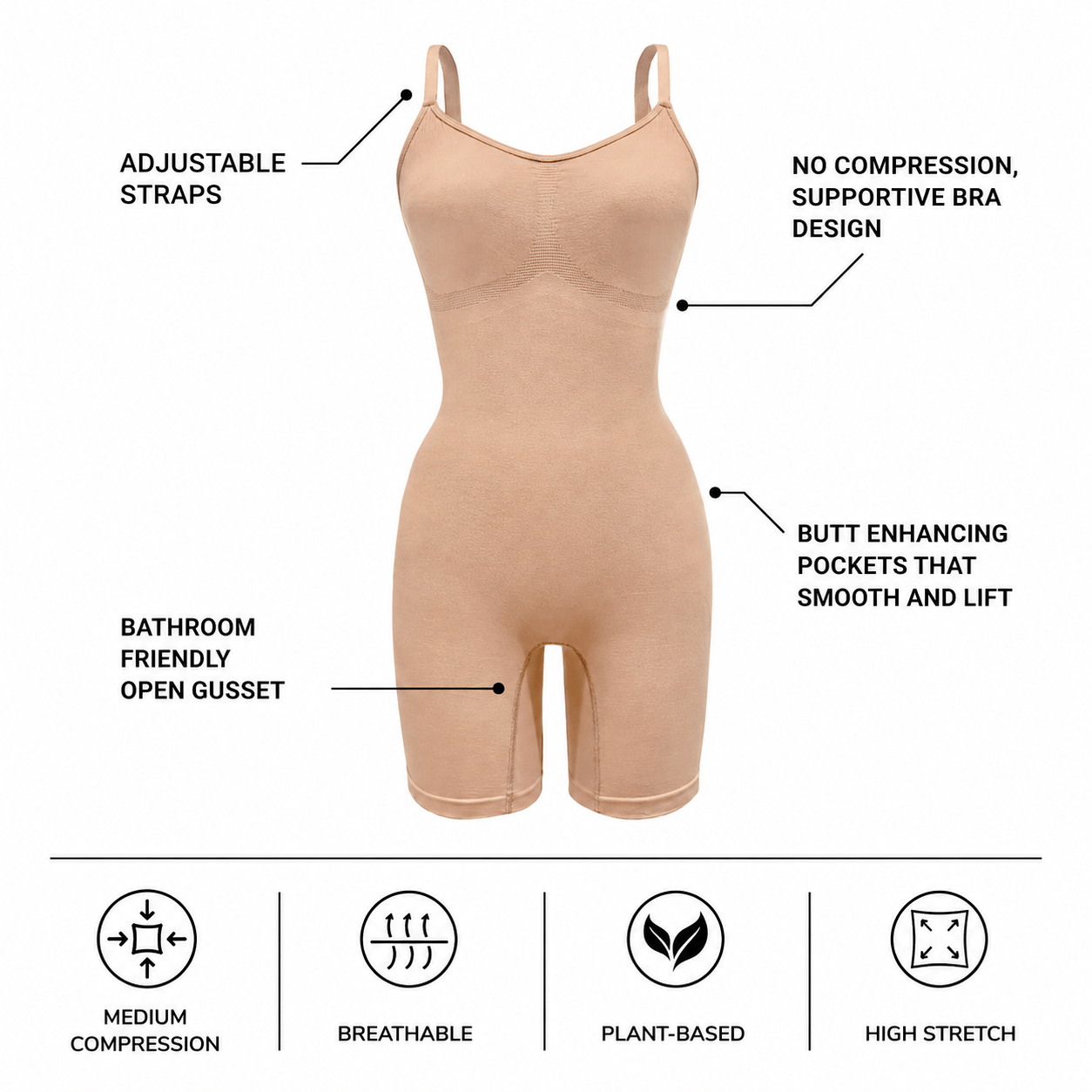 Mid-Thigh Shapewear Bodysuit by PROCLAIM in plant-based EVO fabric with adjustable straps and light smoothing support