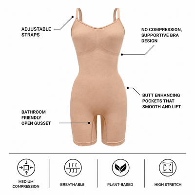 Plant-based seamless shapewear bodysuit with adjustable straps, light compression support, open gusset, and sculpting mid-thigh design, the Mid Thigh Shapewear Bodysuit by PROCLAIM