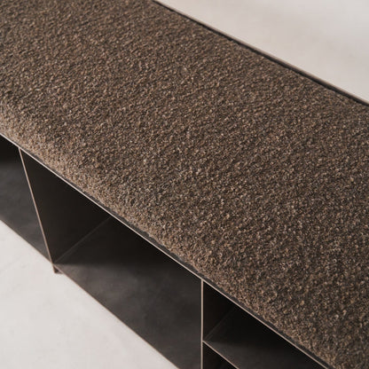 Detail of Milan media console top showing textured mohair bouclé finish