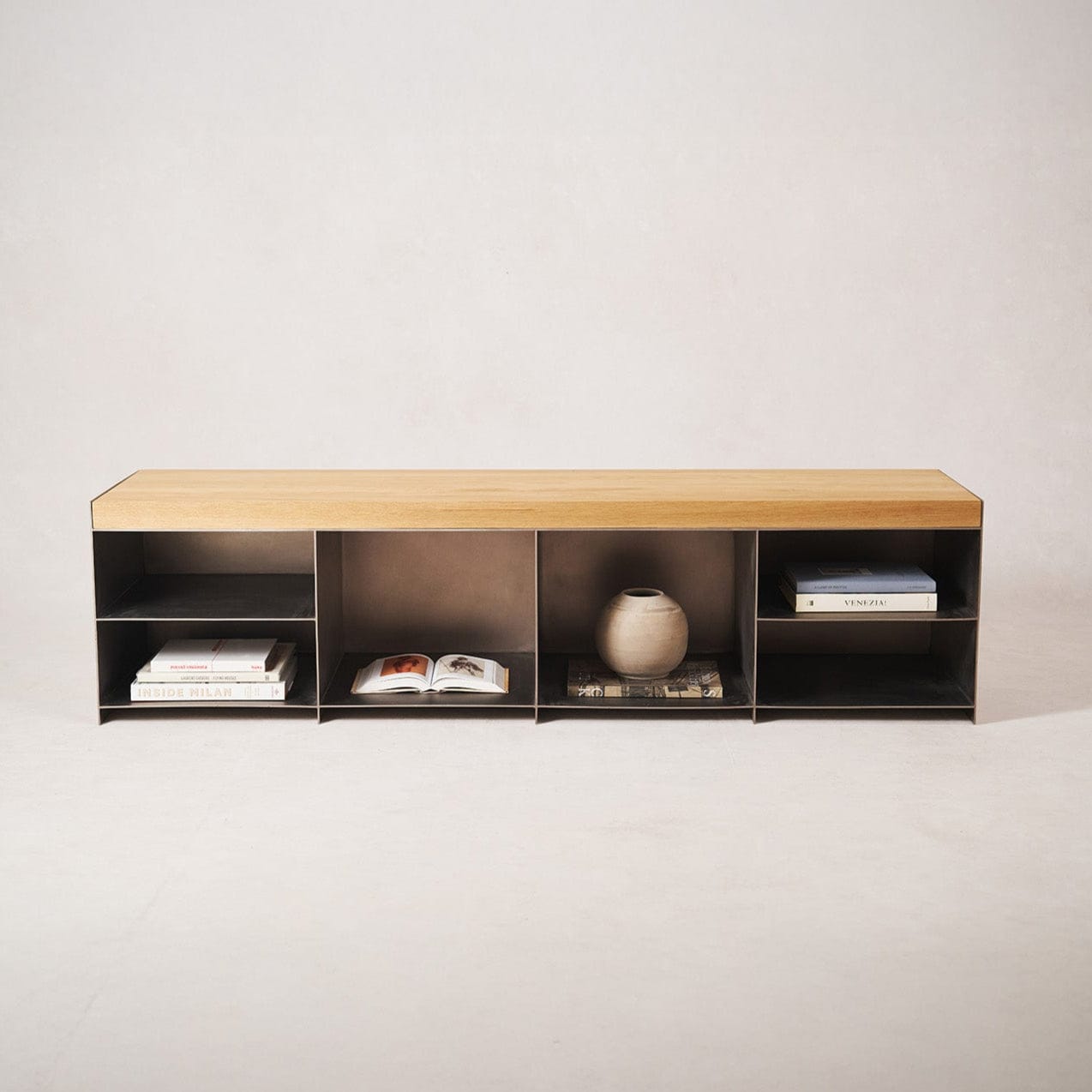 Milan media console with white oak top and open storage compartments
