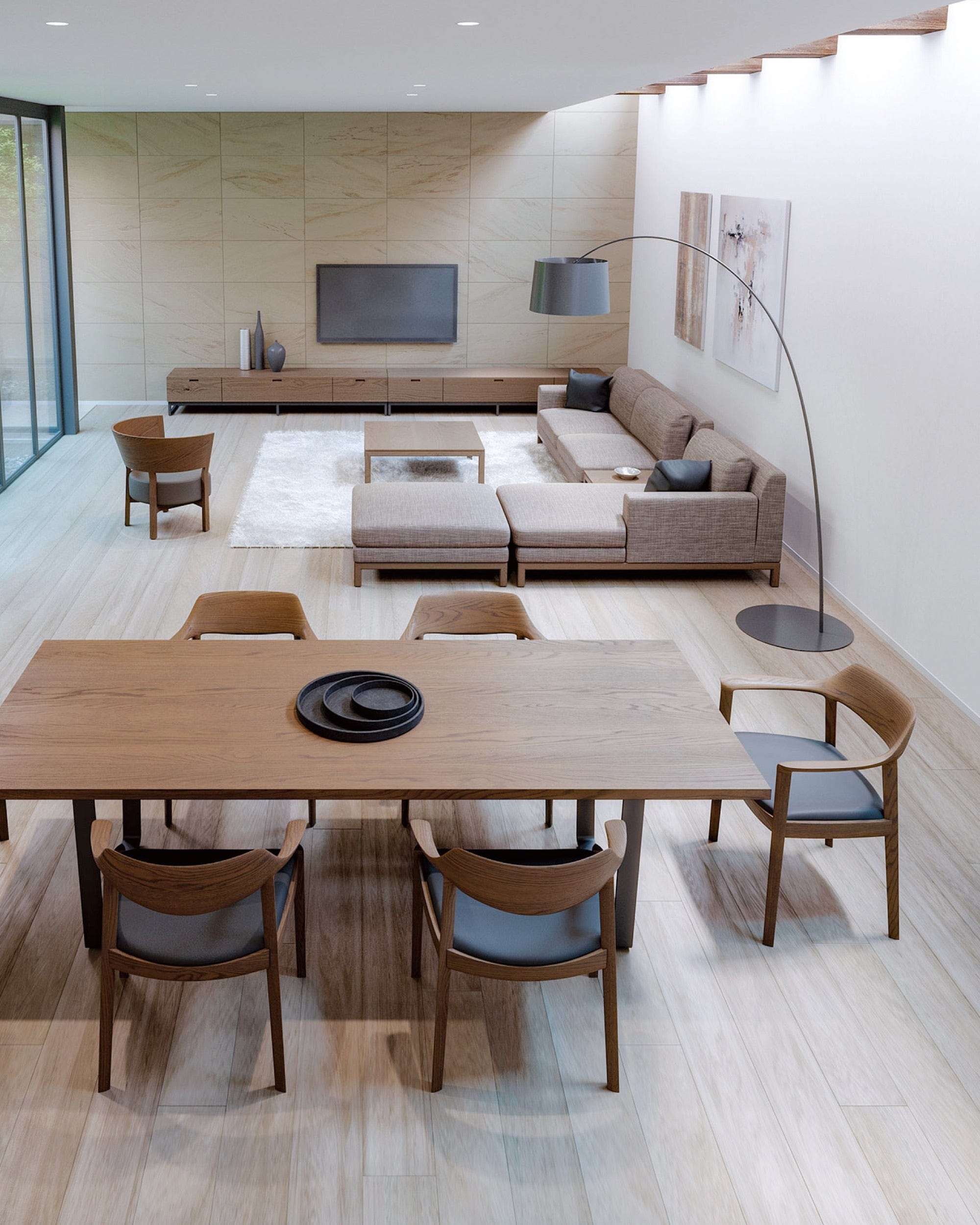 Minimal Japanese interior with CondeHouse WING Armchairs and natural wood dining furniture