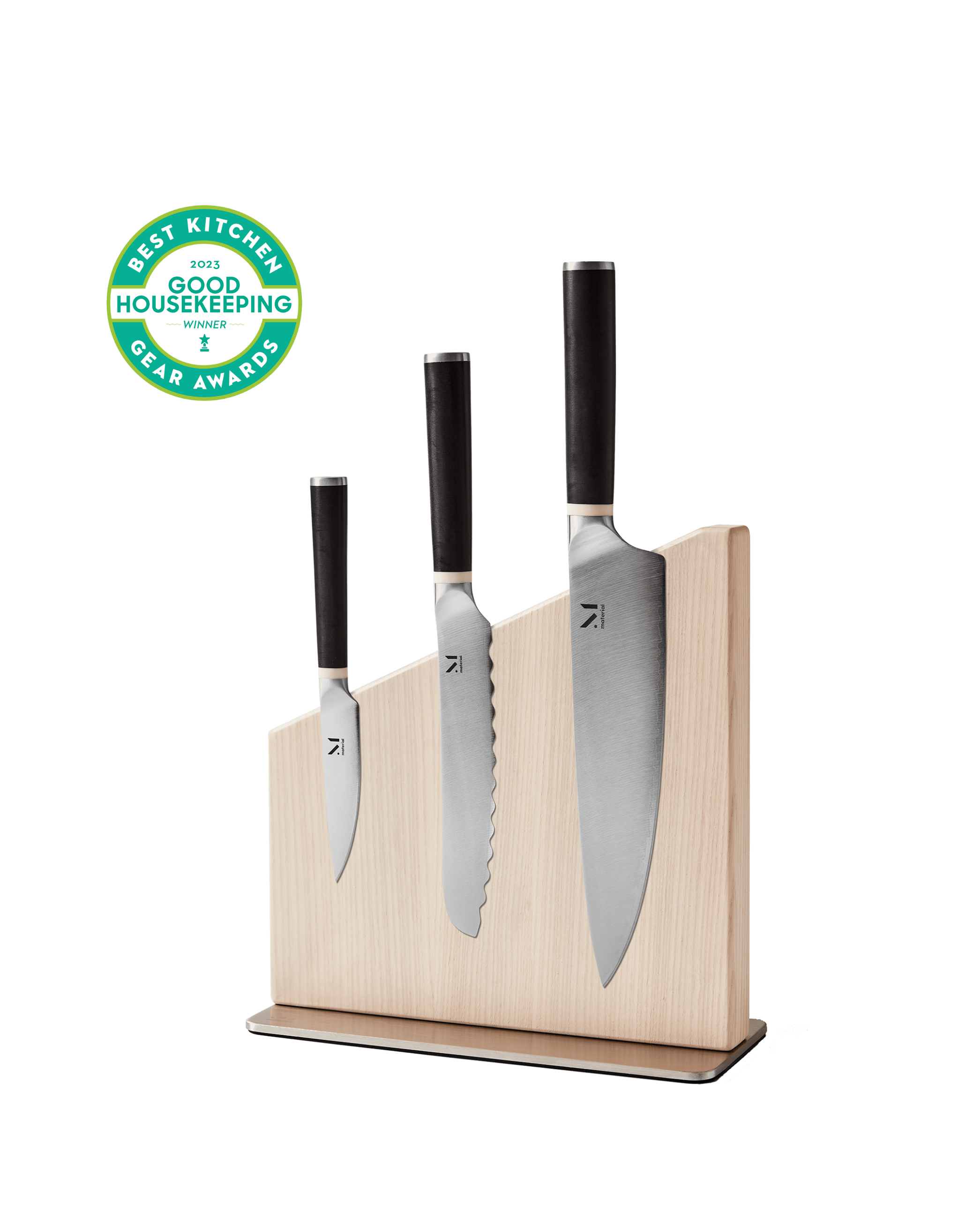 Modern magnetic knife stand with three Japanese-inspired kitchen knives