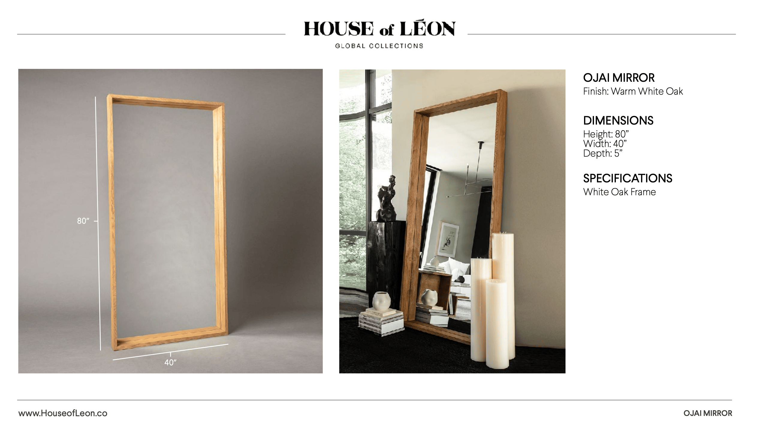 Ojai mirror with dimensions and specifications displayed on a white background.