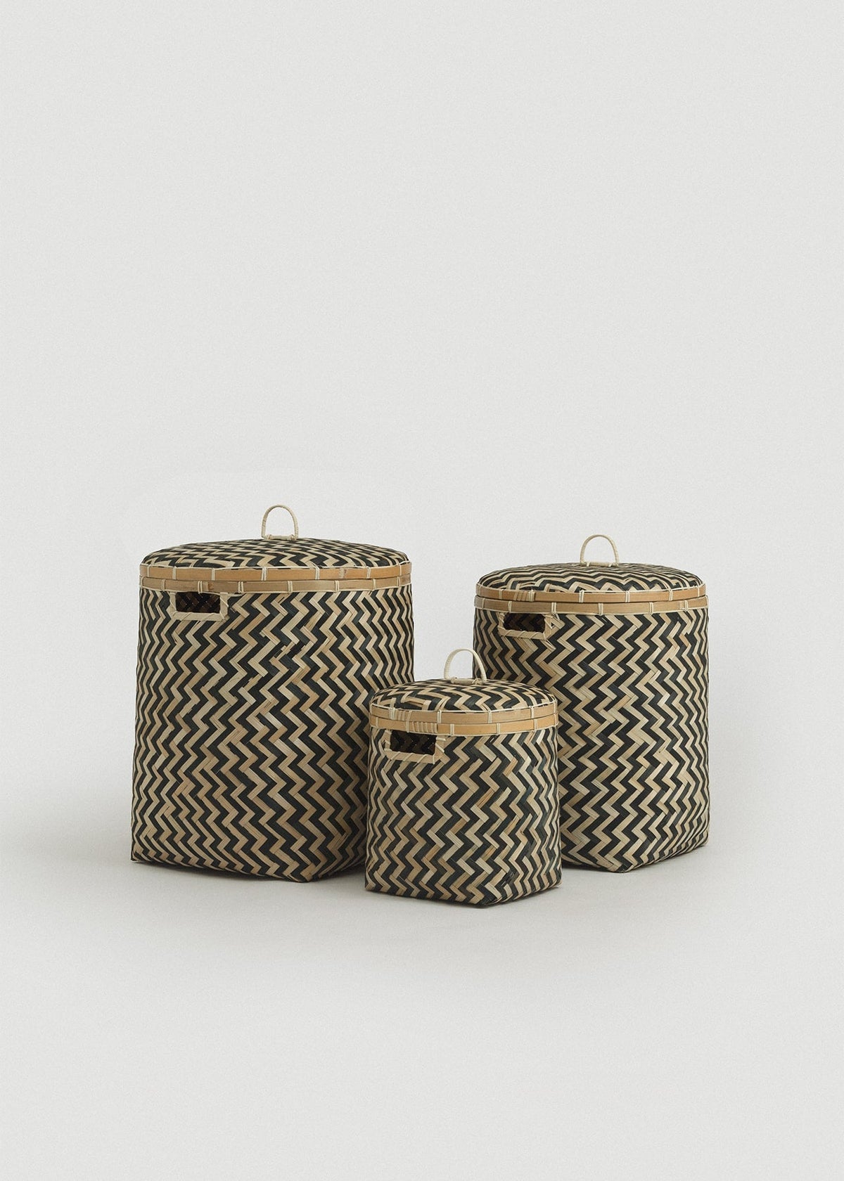 Small, medium, and large Java bamboo baskets displayed together for size comparison.