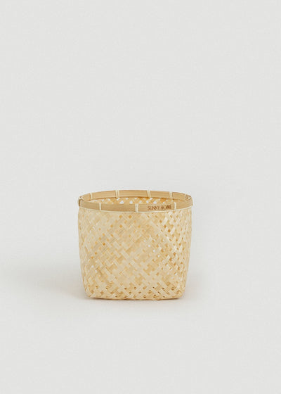 Medium square bamboo basket with gently tapered sides and woven diamond pattern.
