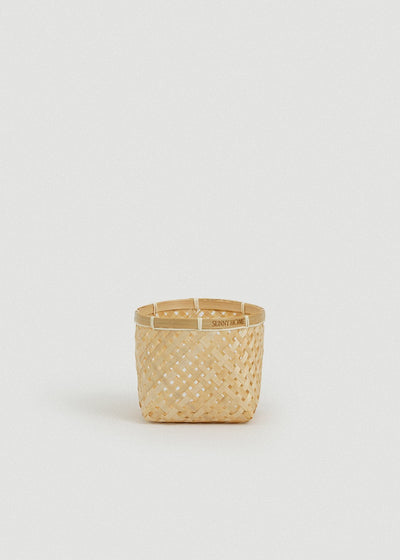 Smallest square Muko basket with an open lattice weave and reinforced bamboo rim.