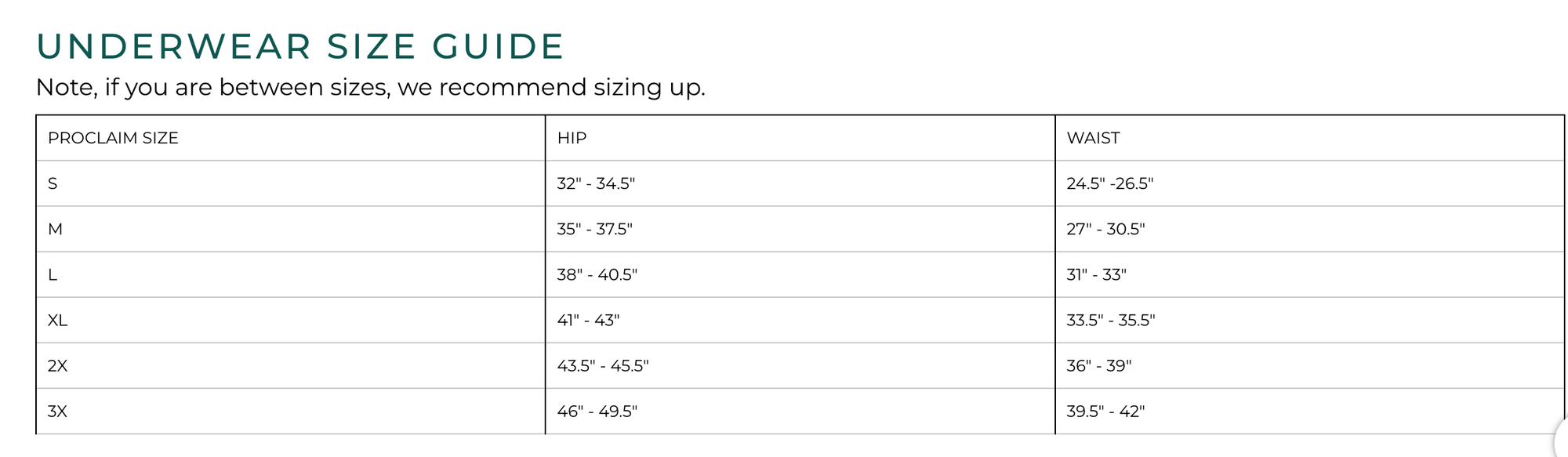 PROCLAIM underwear size guide chart for the Organic Cotton High-Rise Brief showing sizes S through 3X
