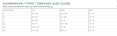 Shapewear size guide for seamless bodysuit with S M L XL and plus size fit chart, PROCLAIM Size Guide for Body Suits and Dresses