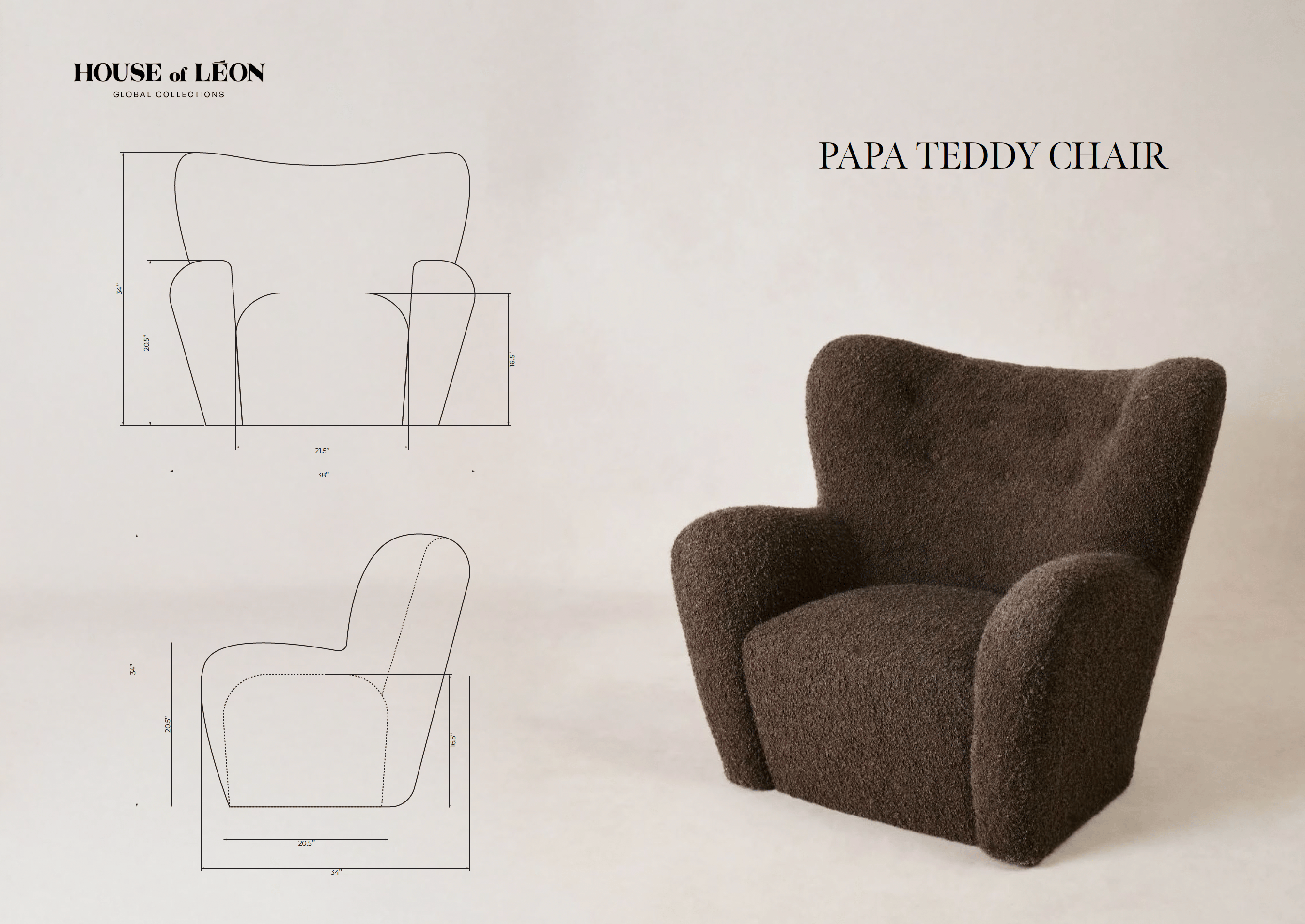 Papa Teddy Lounge Chair technical drawing with dimensions
