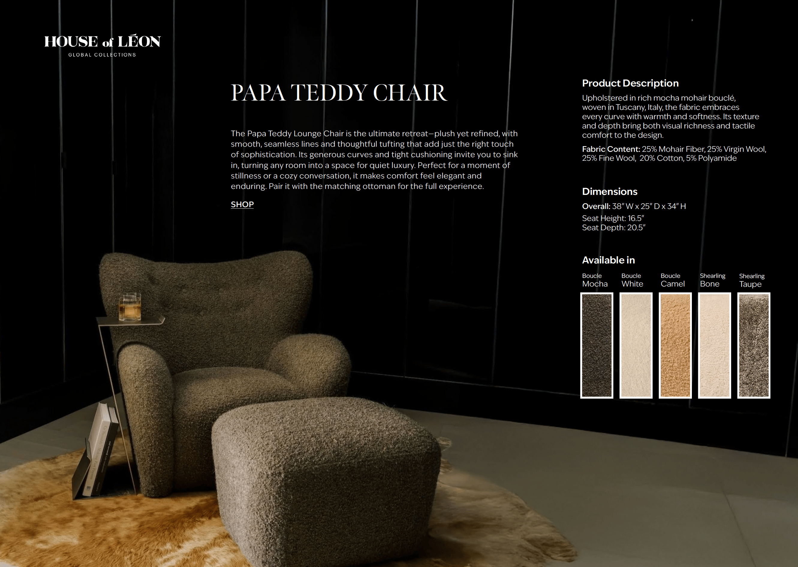 Papa Teddy Lounge Chair with matching ottoman in mocha mohair bouclé, styled showroom setting
