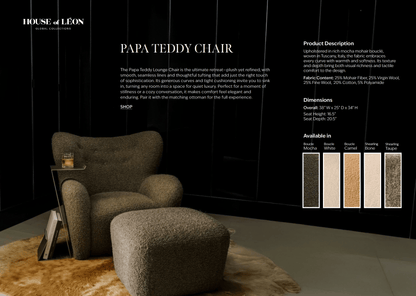 Papa Teddy Lounge Chair with matching ottoman in mocha mohair bouclé, styled showroom setting