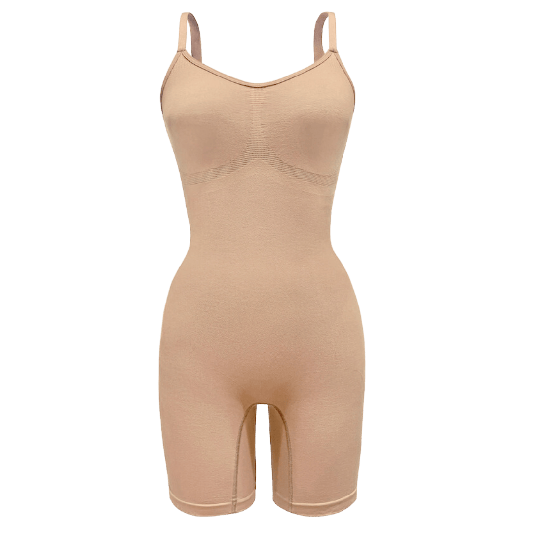 PROCLAIM Mid-Thigh Shapewear Bodysuit in Ada Nude, flat lay front view