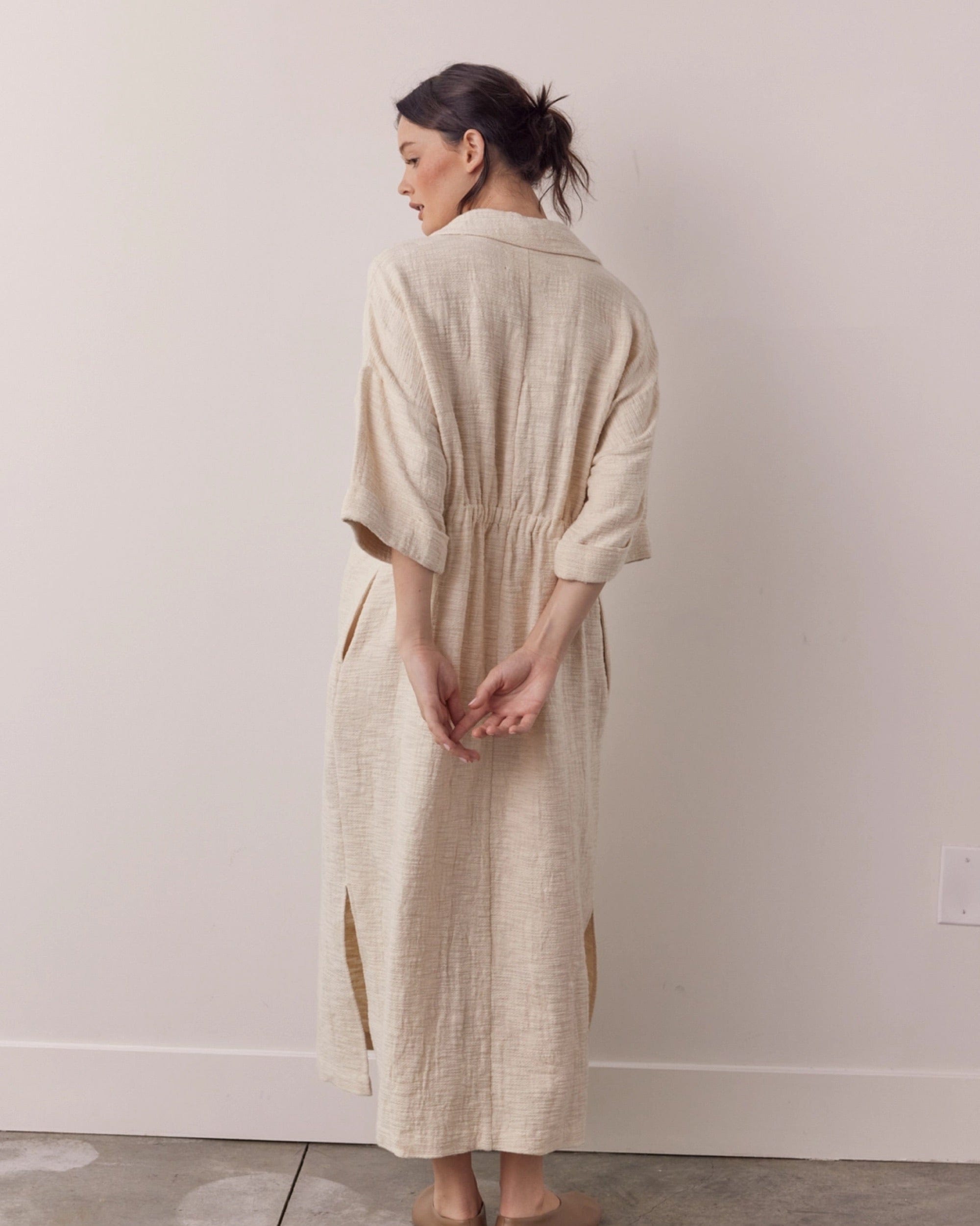 Back-shirred Midi Dress, Oatmeal