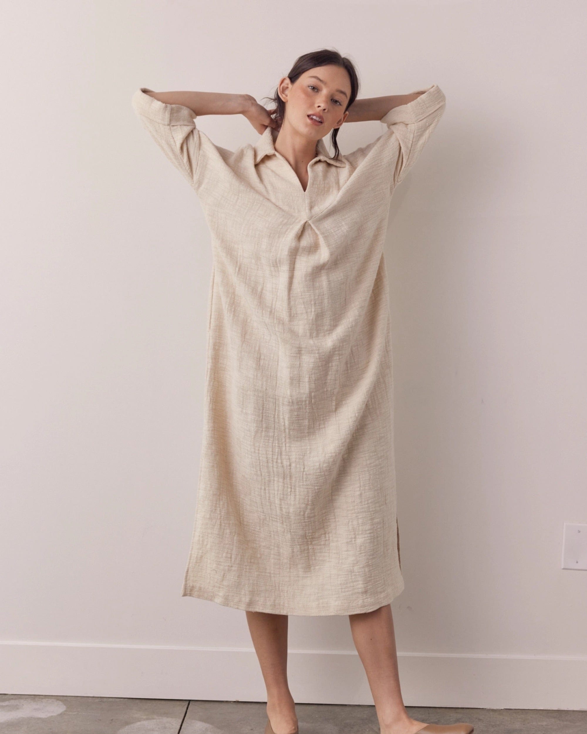 Back-shirred Midi Dress, Oatmeal