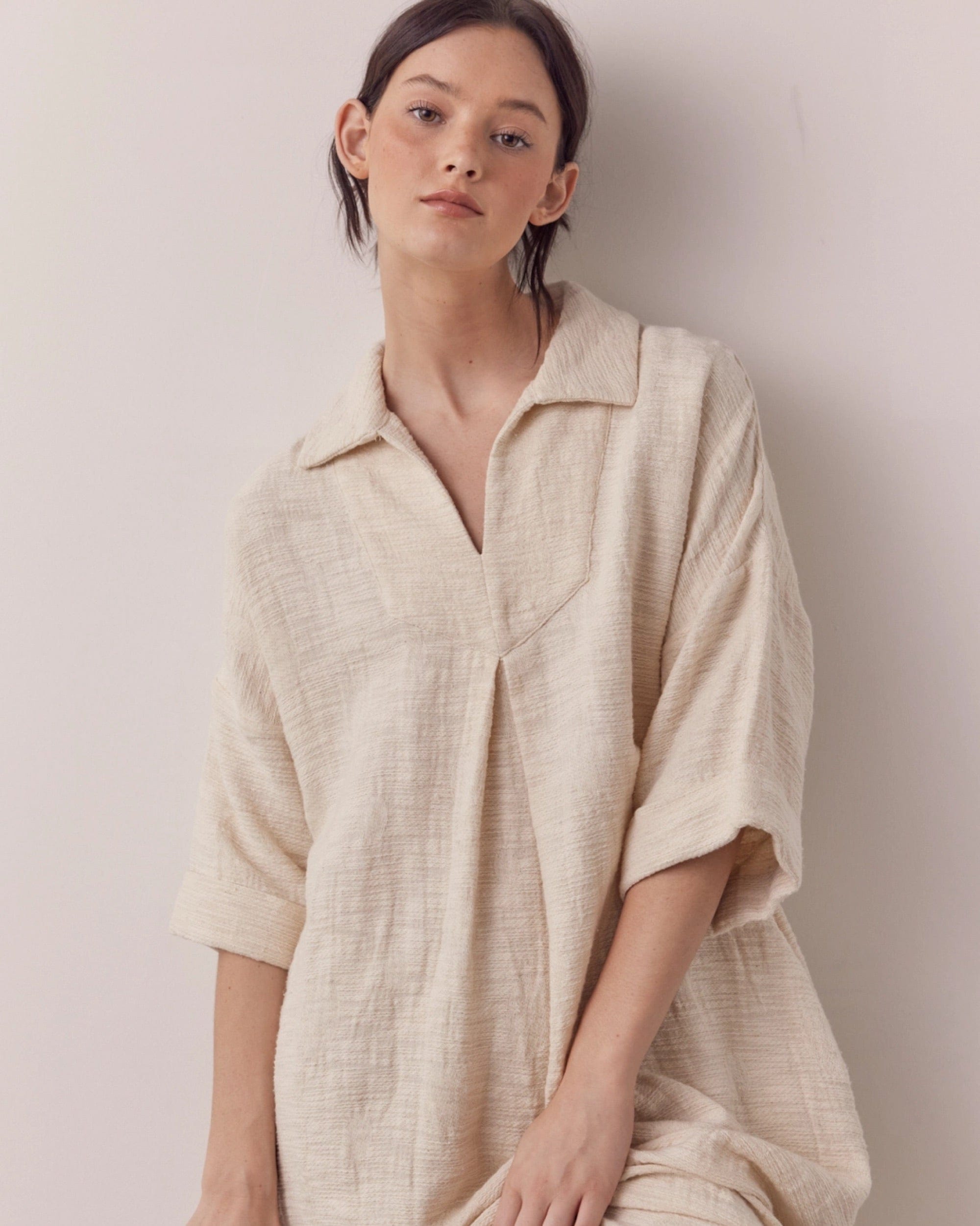 Back-shirred Midi Dress, Oatmeal