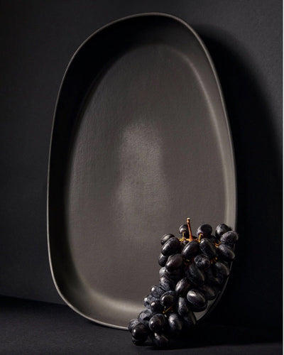 Gharyan Stoneware Japandi Tableware Long Serving Platter, black, styled with grapes