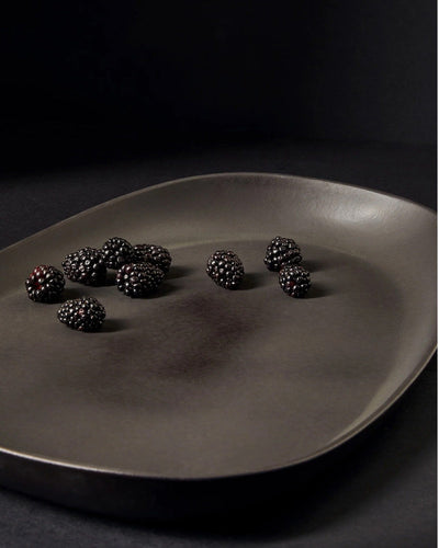 Gharyan Stoneware Japandi Tableware Long Serving Platter, black, styled with blackberries