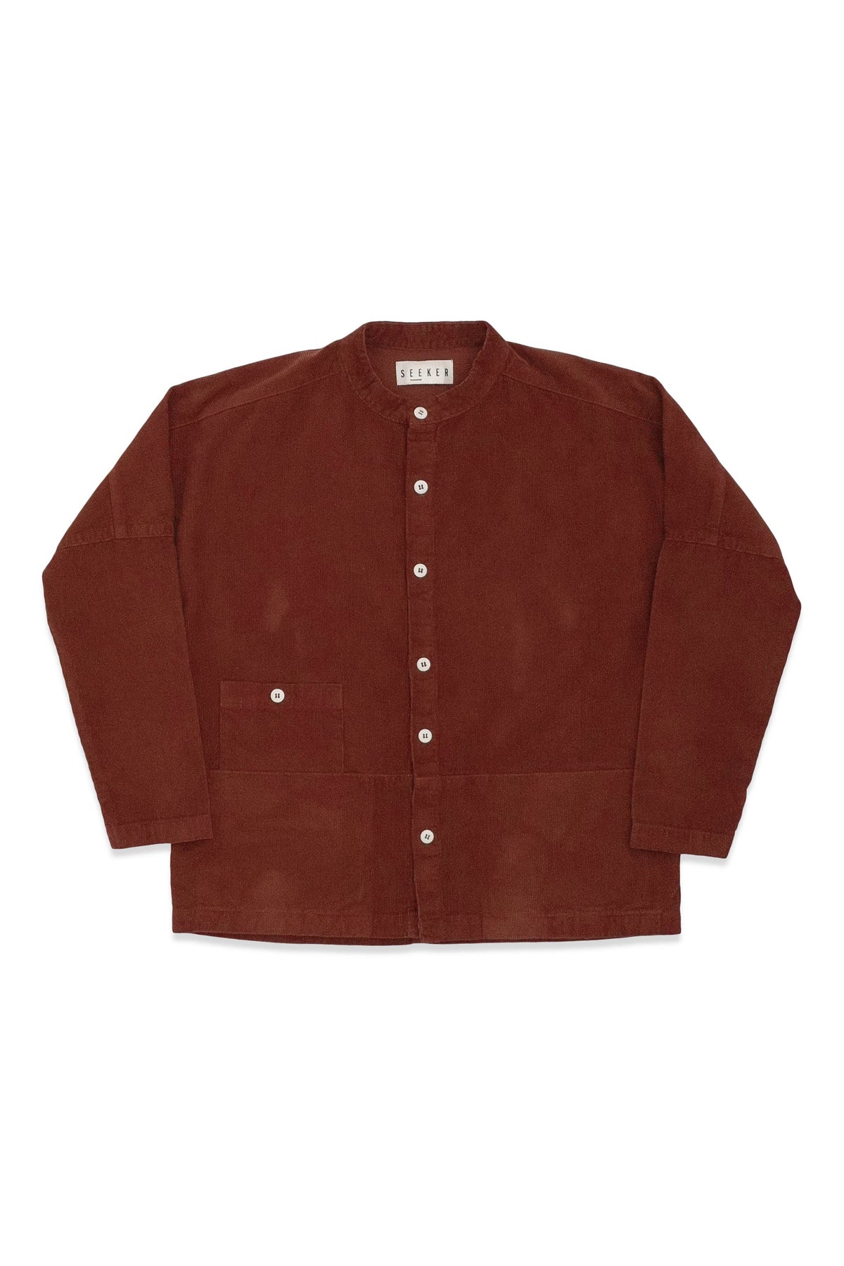 Front product view of the rust-red Raj corduroy coat.