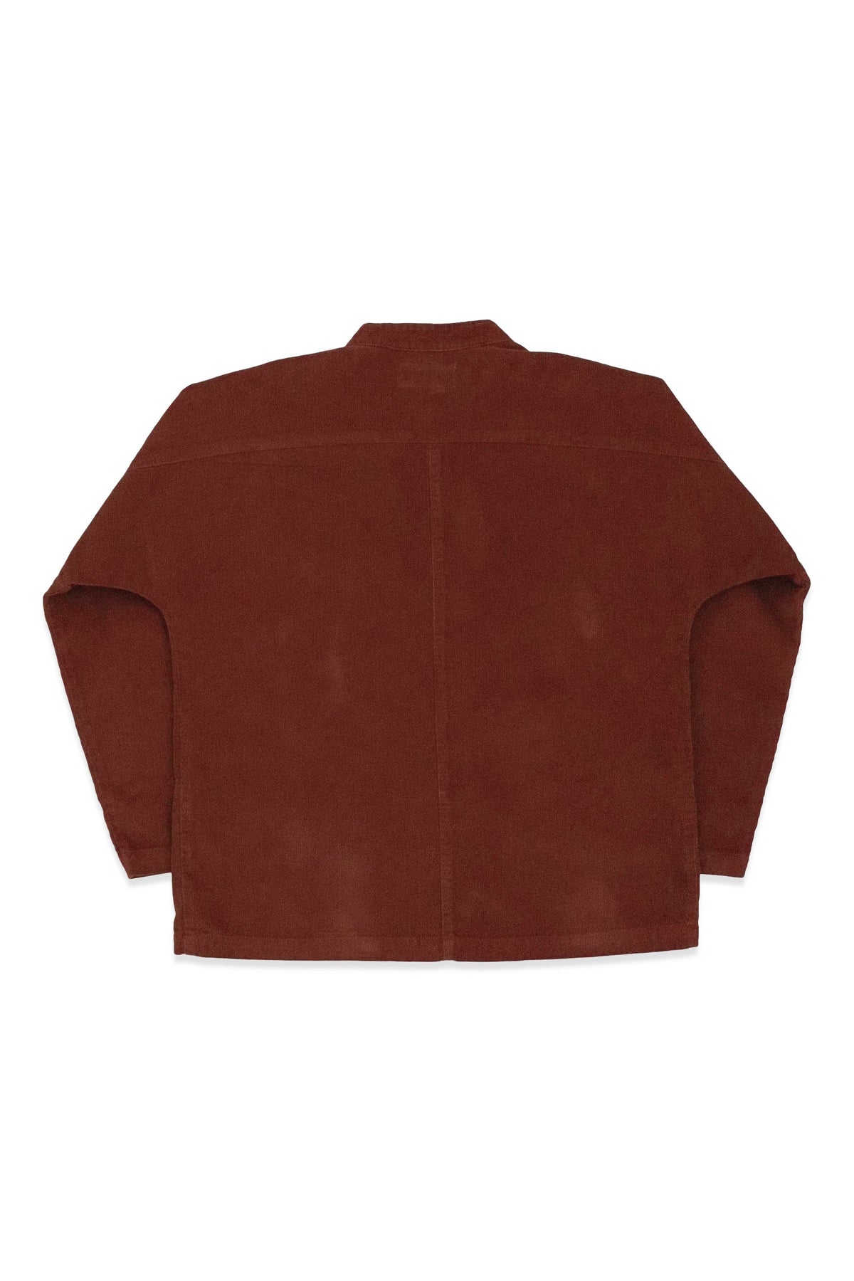 Back product view of the rust-red Raj corduroy coat.