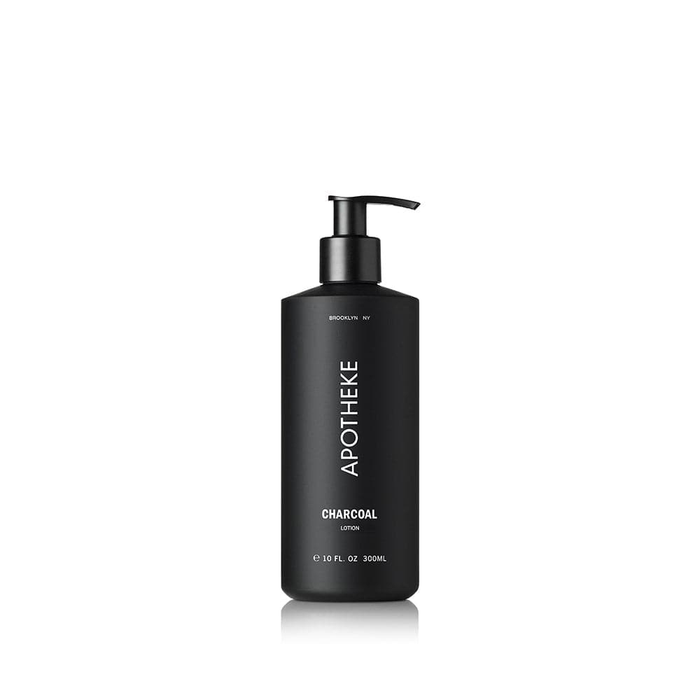 APOTHEKE Charcoal Lotion in matte black pump bottle