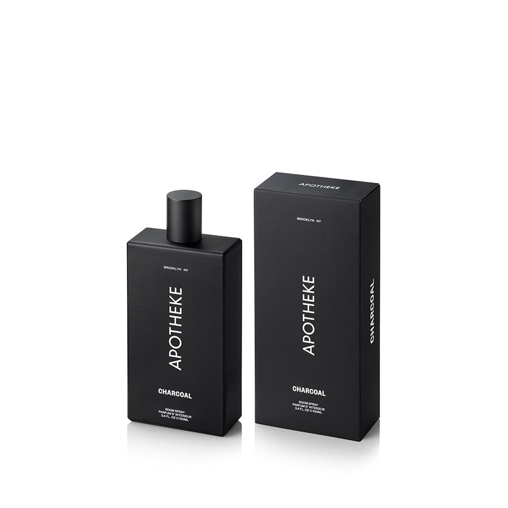 Charcoal Room Spray bottle in matte black glass beside APOTHEKE packaging box