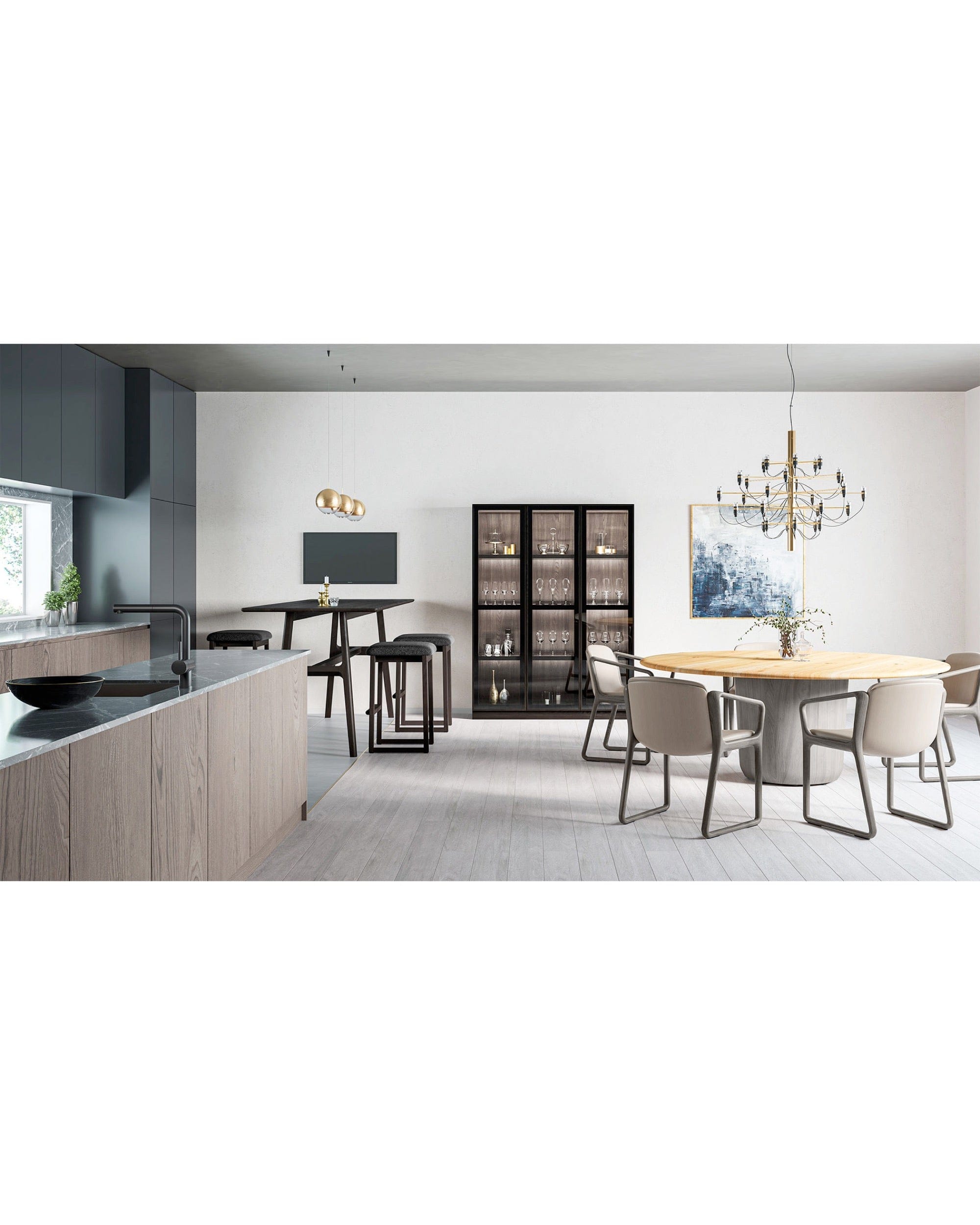 Round oak dining table in contemporary kitchen and dining space by CondeHouse