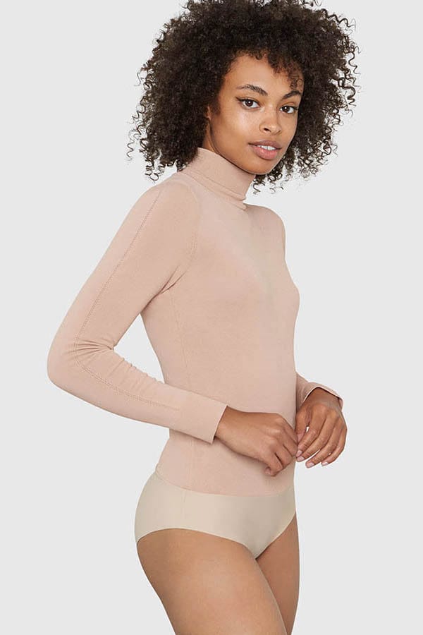 Mira Turtleneck Viscose Bodysuit in beige, three-quarter view — Santicler Japandi fashion
