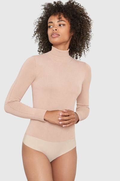 Mira Turtleneck Viscose Bodysuit in beige, front view — Santicler Japandi fashion